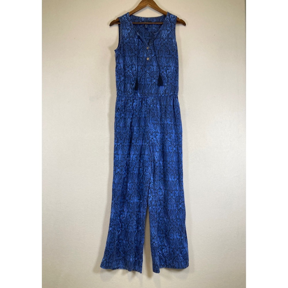Boho Coastal d&co BEACH Womens Small Blue Damask Linen‎ Blend Tassel Jumpsuit